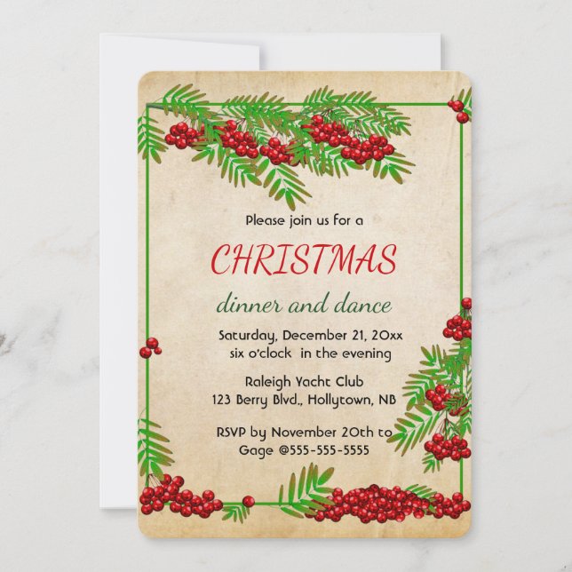 Editable Red Berries and Green Branches Christmas  Invitation (Front)