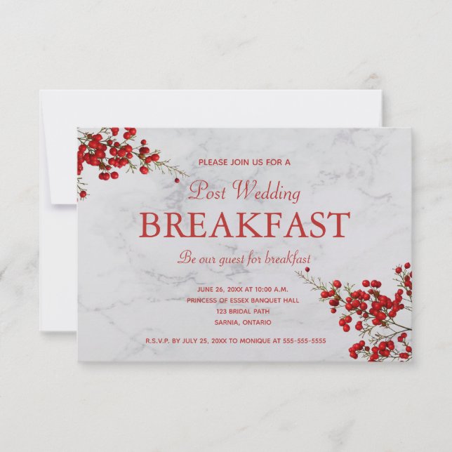 Editable Red Berries Grey Marble Breakfast RSVP Card (Front)