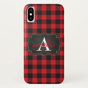 EDITABLE Red & Black  Buffalo Plaid Monogrammed Case-Mate iPhone Case