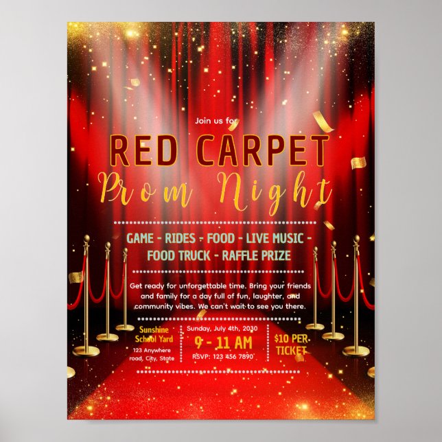 Editable red carpet prom fundraiser flyer poster (Front)