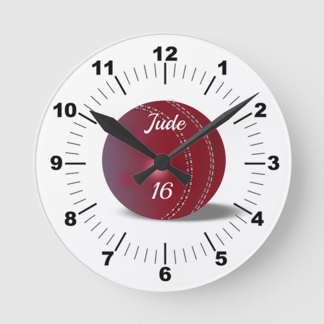 Editable Red Cricket Ball With Name and Number Round Clock (Front)