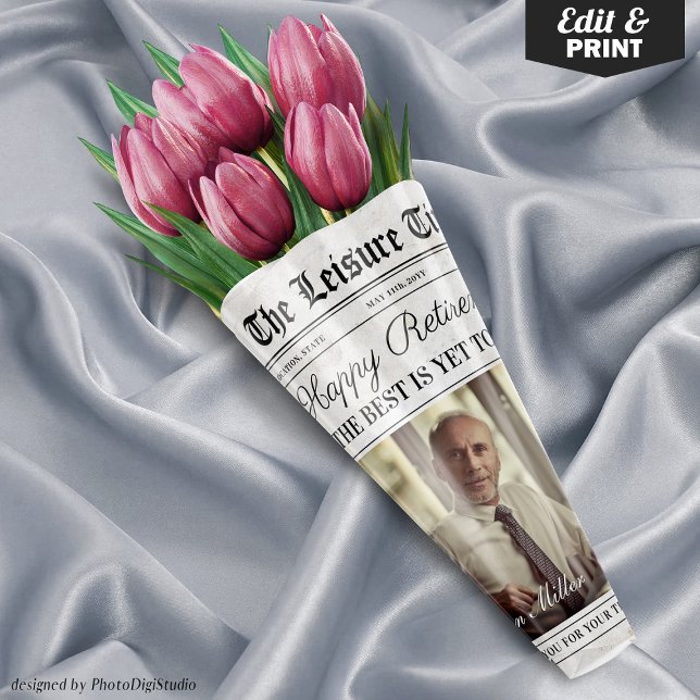 Editable Retirement Newspaper Flower Bouquet Wrapping Paper Sheet (Editable Retirement Newspaper Flower Bouquet Wrapping Paper Sheets)