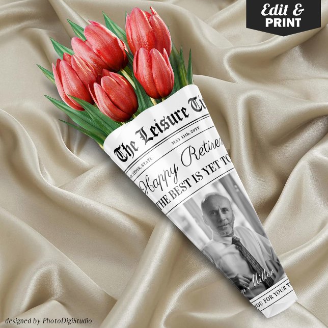 Editable Retirement Newspaper Flower Bouquet Wrapping Paper Sheet (Editable Retirement Newspaper Flower Bouquet Wrapping Paper Sheets)