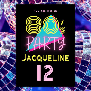Editable Retro 80s Party Neon Pink 12th Birthday Invitation
