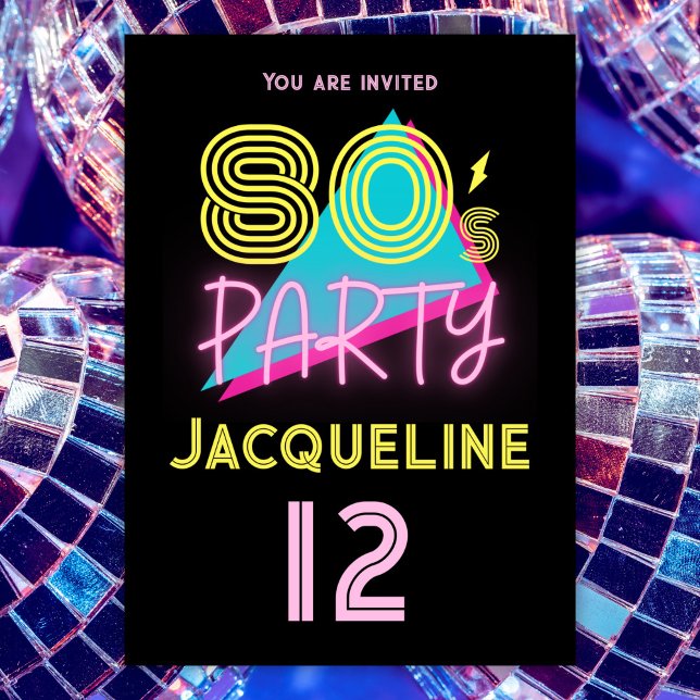 Editable Retro 80s Party Neon Pink 12th Birthday Invitation (Creator Uploaded)