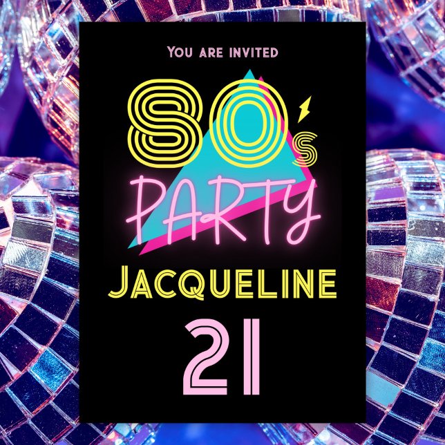 Editable Retro 80s Party Neon Pink 21st Birthday Invitation (Creator Uploaded)