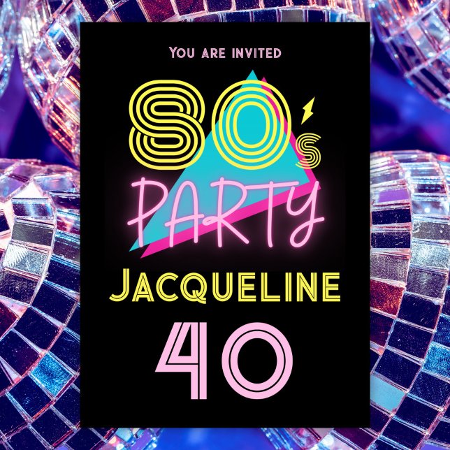 Editable Retro 80s Party Neon Pink 40th Birthday Invitation (Creator Uploaded)