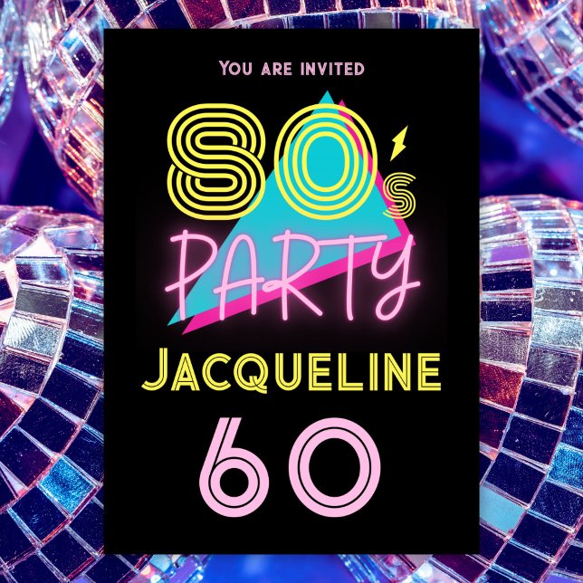 Editable Retro 80s Party Neon Pink 60th Birthday Invitation (Creator Uploaded)