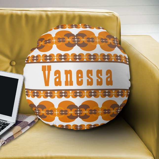 Editable Retro Groovy 70's Bubbles Pattern Name Round Cushion (Creator Uploaded)