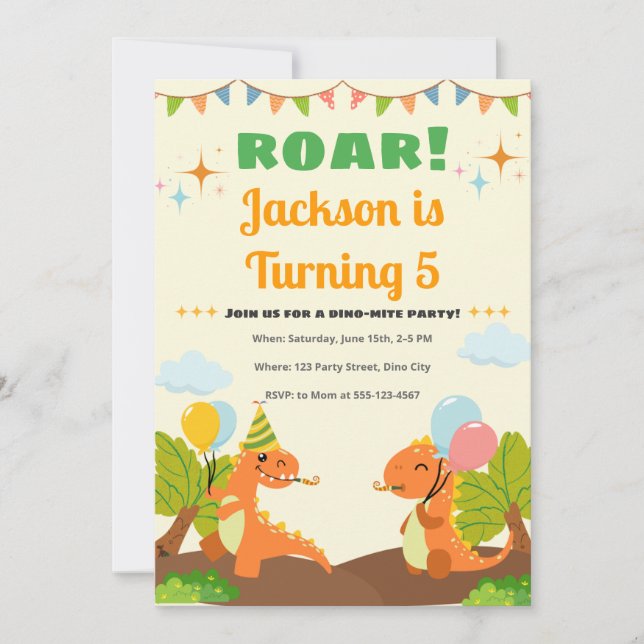 Editable Roarsome Dinosaur Birthday Invitation (Front)