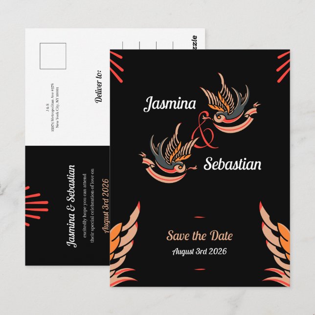 Editable Rockabilly Swallows Wedding Save The Date Postcard (Front/Back)