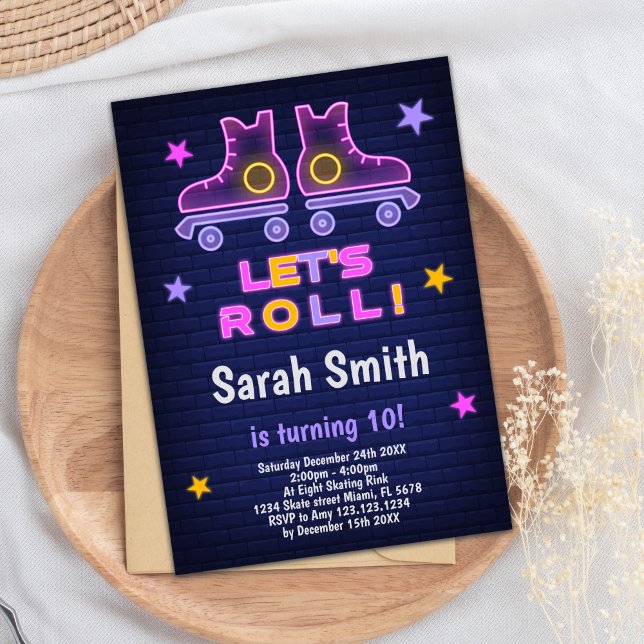 Editable Roller Disco Party Invite (Neon Pink Purple Skating Birthday Invitations)