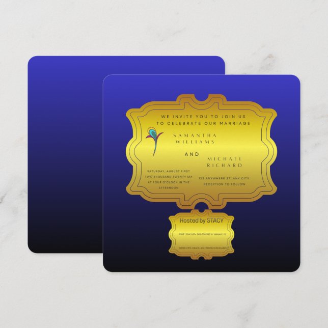 Editable Royal Blue Elegant Wedding Invite | Custo (Front/Back)
