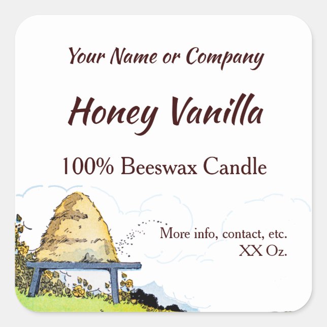 Editable Rustic Beehive and Clouds 1.5" Candle Square Sticker (Front)