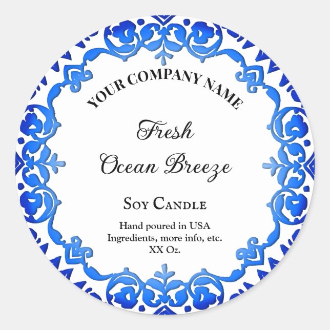 Editable Rustic Blue Floral Vintage Candle Label  (Front)