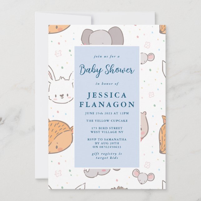 Editable Safari Jungle Animal Blue Baby Shower Invitation (Front)
