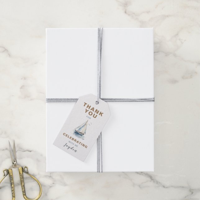 Editable Sailboat Birthday Favour Tag - Blue (With Twine)