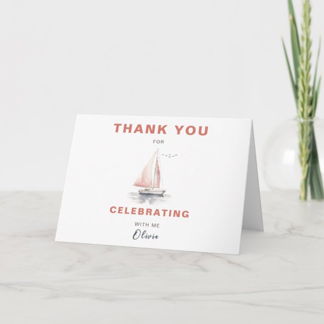 Editable Sailboat Birthday Thank You Card - Pink (Front)
