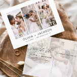Editable Save the Date 4 Photo White Lettered Postcard<br><div class="desc">Modern and Elegant Photo Save the Date Wedding Card. The save the date invitation card includes white typography and chic and simple design on a white background that you can add your customised engagement photograph picture to.</div>