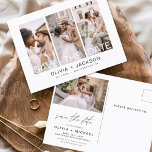 Editable Save the Date 4 Photo White Lettered  Postcard<br><div class="desc">Modern and Elegant Photo Save the Date Wedding Card. The save the date invitation card includes white typography and chic and simple design on a white background that you can add your customised engagement photograph picture to.</div>