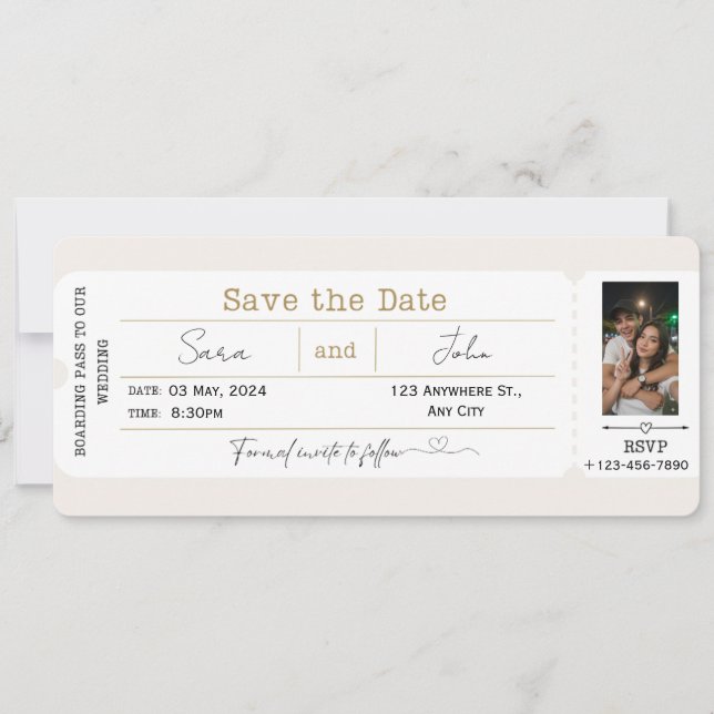 Editable Save the Date Boarding Pass Wedding Photo Invitation (Front)