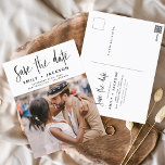 Editable Save the Date Handwritten Photo Postcard<br><div class="desc">Editable Modern and Elegant Handwritten Script Photo Save the Date Wedding Card. The save the date invitation card includes a chic and stylish typography with a simple and minimalist design on a white background that you can add your customised engagement photograph picture to.</div>