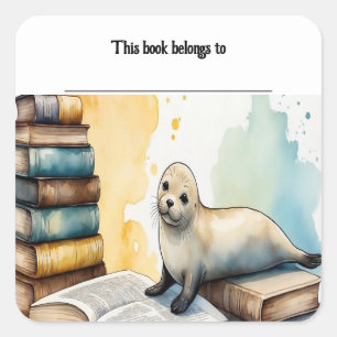 Editable Sea Lion and Books Bookplate Sticker