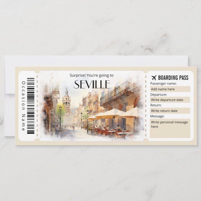 Editable Seville Boarding Pass Plane ticket Invitation (Front)