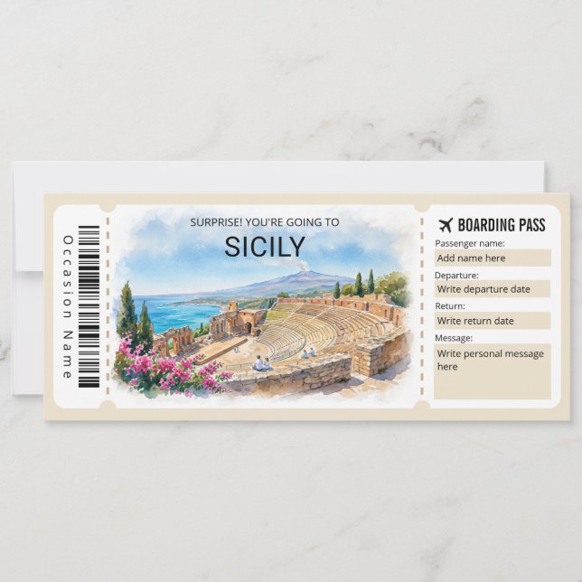 Editable Sicily Trip Boarding Pass Ticket Invitation (Front)