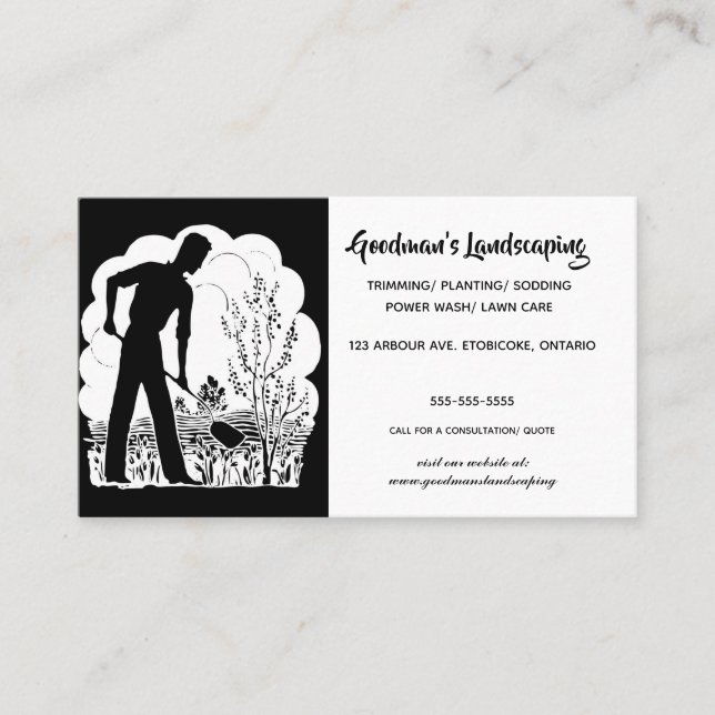 Editable Silhouette of a Gardener Landscaping Business Card (Front)