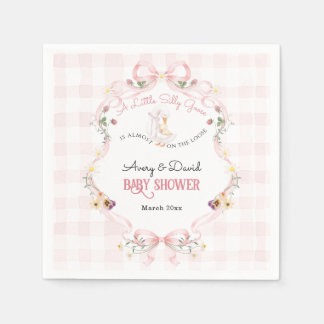 Editable Silly Goose Baby Shower Pink Bow Napkin