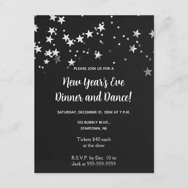 Editable Silver Stars New Year Invitation Postcard (Front)