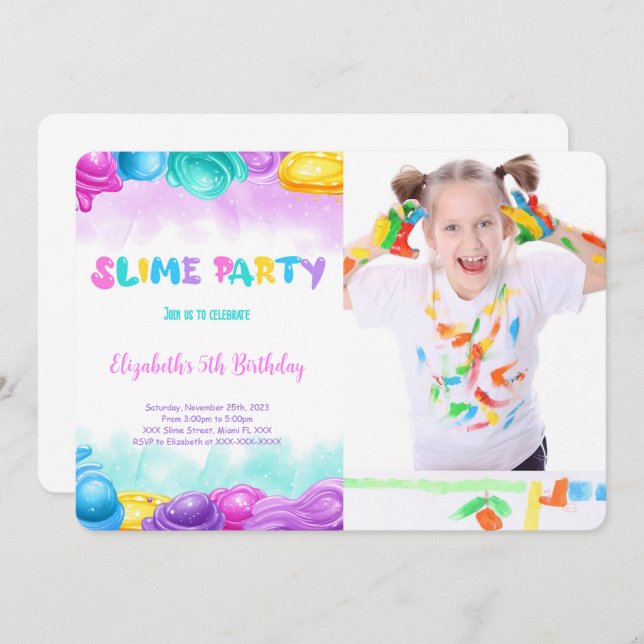 Editable Slime Birthday Party Photo Invitation (Front/Back)