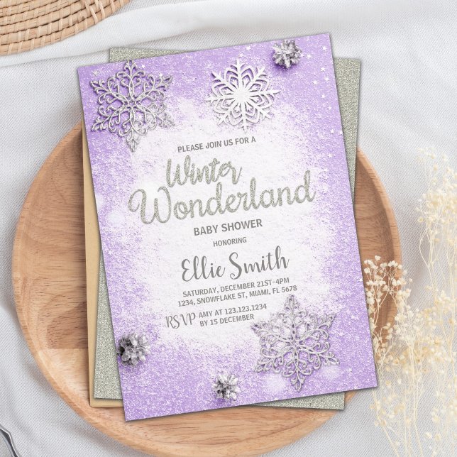 Editable Snowflake Theme Card for Girl Baby Shower (Purple Winter Baby Shower Invitations)