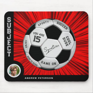 Editable Soccer Ball Modern Red Milestone Birthday Mouse Pad
