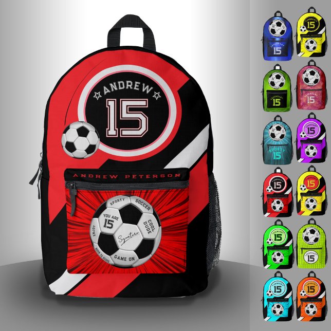 Editable Soccer Ball Modern Red Milestone Printed Backpack (Creator Uploaded)