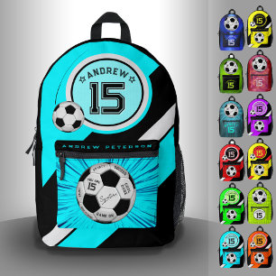 Editable Soccer Ball Modern Teal Blue Milestone Printed Backpack