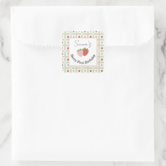 Editable Square Strawberry Gingham 1st Birthday Square Sticker