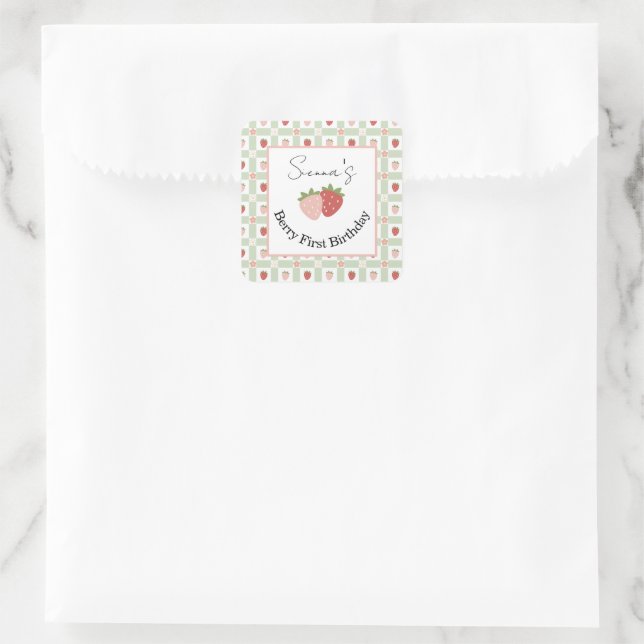 Editable Square Strawberry Gingham 1st Birthday  Square Sticker (Bag)
