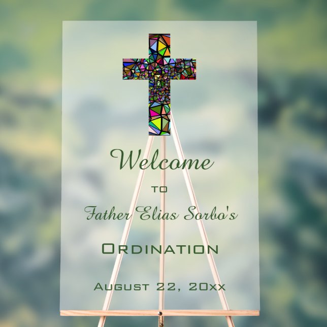 Editable Stained Glass Cross Religious Event  Acrylic Sign (Neutral)