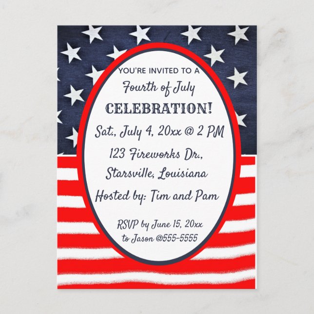 Editable Stars and Stripes 4th of July Invitation Postcard (Front)