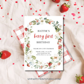 Editable Strawberry 1st Birthday Party Invitation