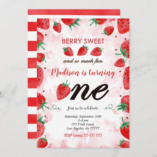 Editable Strawberry Birthday Invitation (Front/Back)