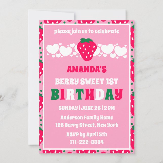 Editable Strawberry First Birthday Celebration Invitation (Front)
