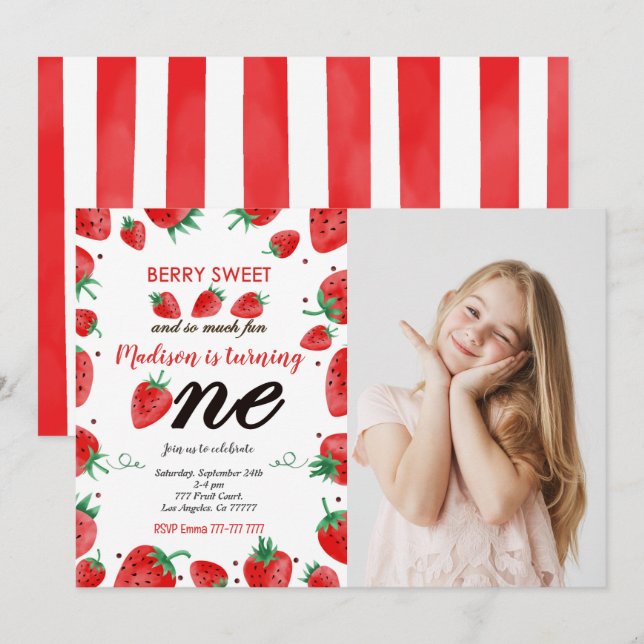 Editable Strawberry Photo Invitation (Front/Back)