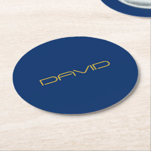 Editable Stylish Text   Gold & Navy Blue Round Paper Coaster