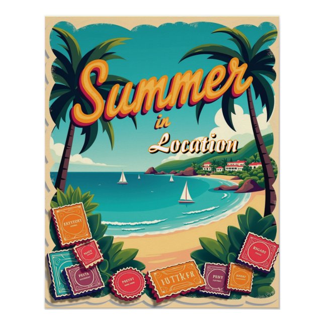 Editable Summer Destination with Travel Stamps Poster (Front)