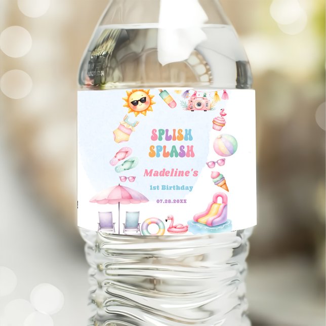Editable Summer Splish Splash Birthday Party Water Bottle Label (Creator Uploaded)