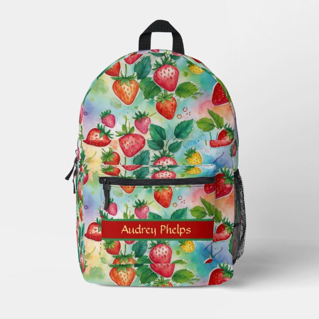 Editable Summer Strawberries Printed Backpack (Front)