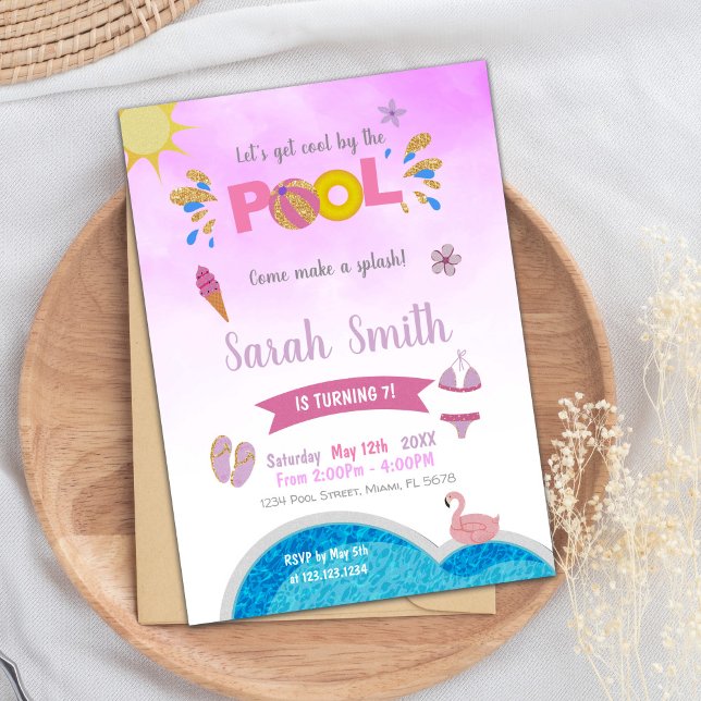 Editable Summer Swim Party Invite for Girls (Purple Pool Birthday Invitations)